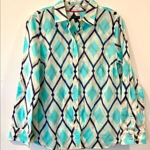 Talbots Aqua/Navy/White B/F Tab Sleeve Woman's Blouse Top Semi Sheer Sz MP